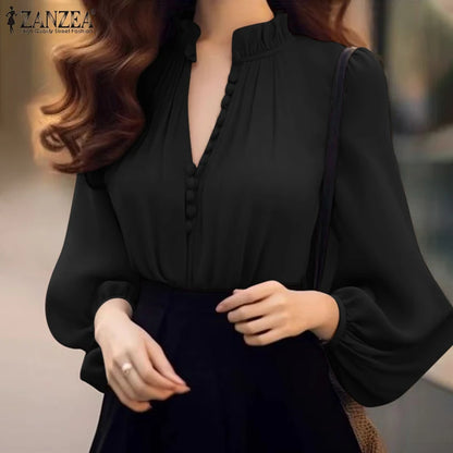 ZANZEA Fashion Lantern Long Sleeve Tops Elegant Shirt 2024 Casual Loose V-neck Bottun Simple Vintage Stand Collar Office Blouse