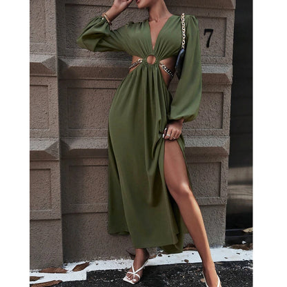 Mia Muse Women's  Dresses Autumn Sexy Loin Hollowing Long Sleeve V-Neck A-Line Maxi Party Dresses