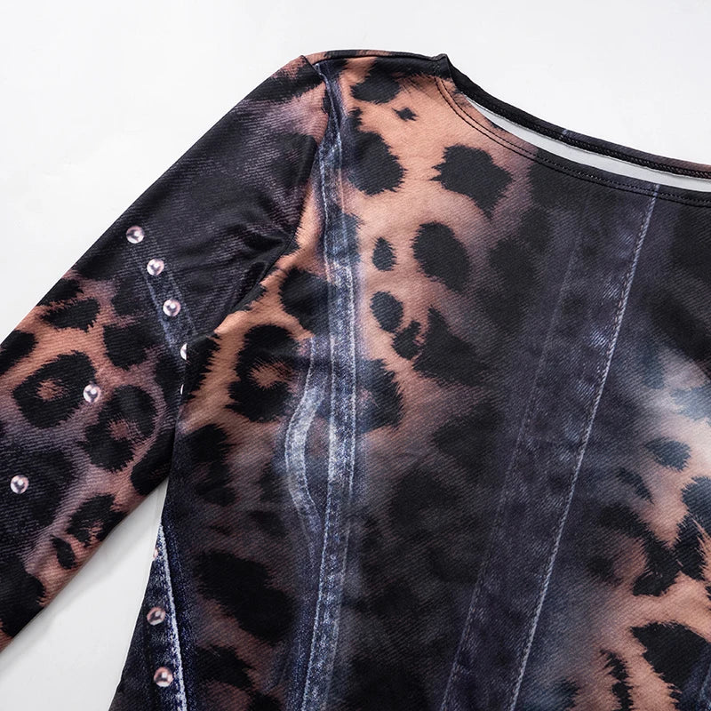 CUTENOVA 2024 Autumn And Winter New Women'S Fashion Leopard Print Slim Flared Long-Sleeved Package Hip Short Skirt Dresses Y2K