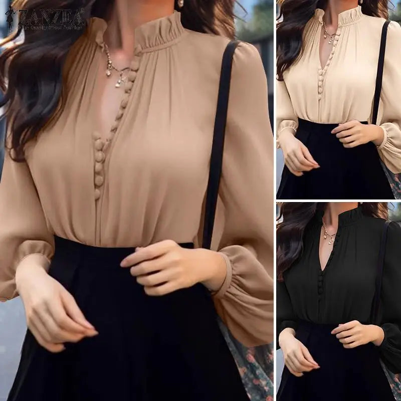 ZANZEA Fashion Lantern Long Sleeve Tops Elegant Shirt 2024 Casual Loose V-neck Bottun Simple Vintage Stand Collar Office Blouse