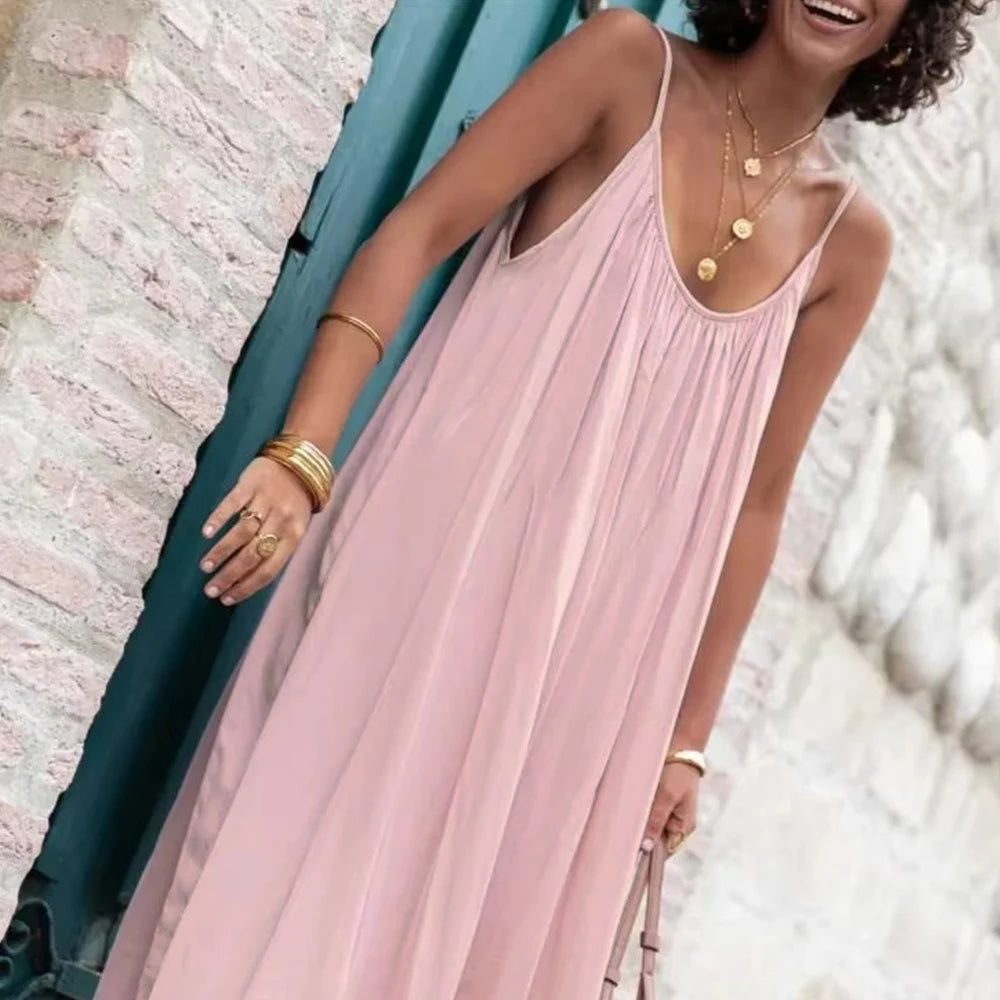 Mia Muse Dresses Spring Summer Basics Daily Folds Plain Sleeveless Scoop Neck Maxi Cami Vacation Dresses For Women