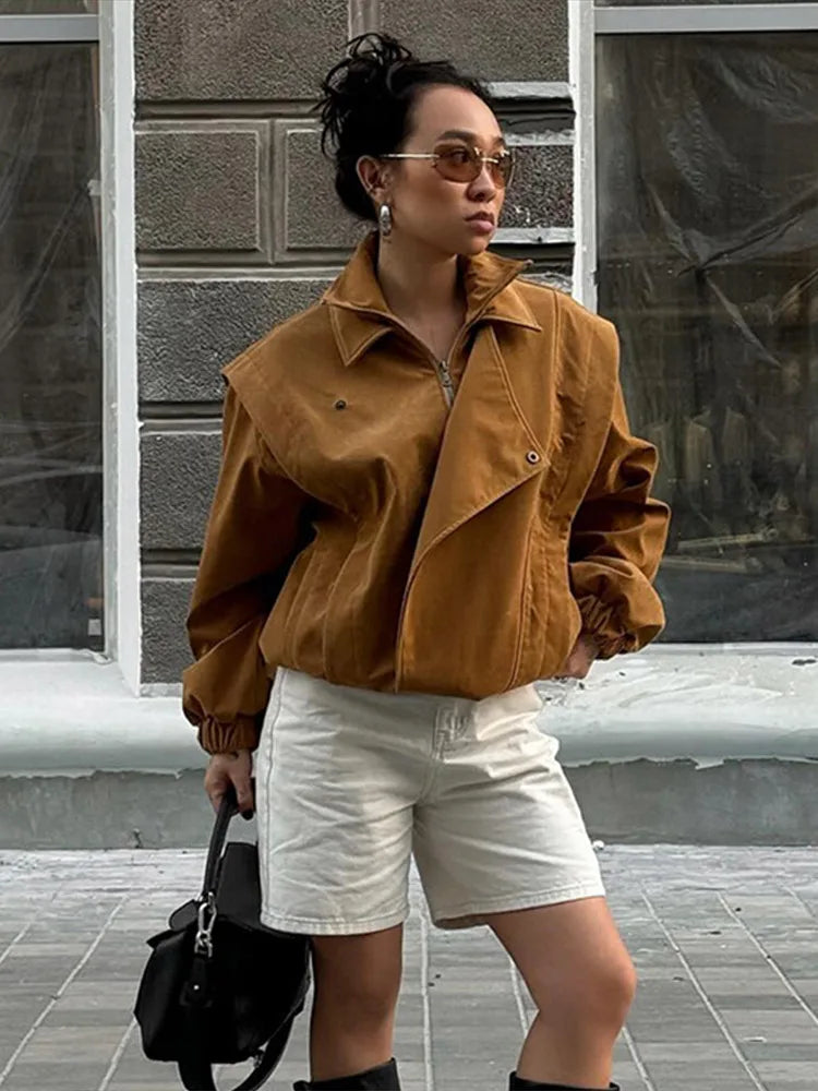 Locomotive Lapel Suede Jacket Women Lantern Long Sleeve Loose Fitting Patchwork Pilot Coats New Early Autumn Cool Girl Outerwear