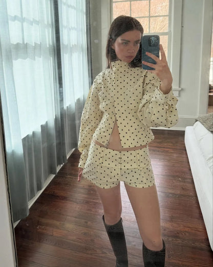 Polka Dot Print Round Neck Short Coats Women's High Street Blazer Long Sleeve Jackets 2025 Elegant Office Ladies Suit Outerwear