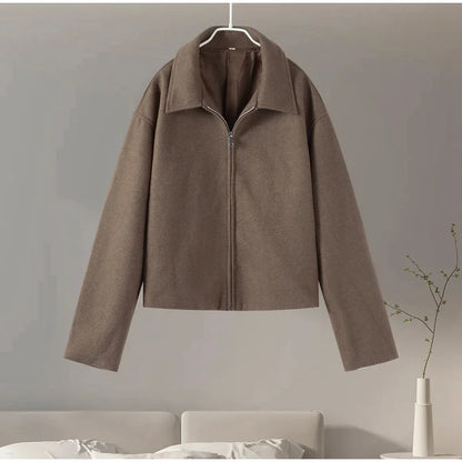 Stand Collar Women Winter Woolen Coats Single Breasted Loose Female Long Sleeve Jacket  Autumn Office Lady Street Short Coat