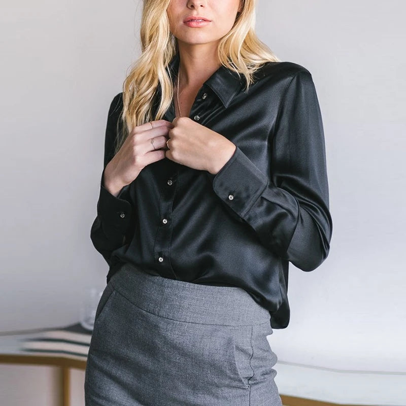 Elegant Black White Shirt Women Spring Autumn Long Sleeve Silk Satin Blouses For Women Fashion Turn Down Collar Button Shirt