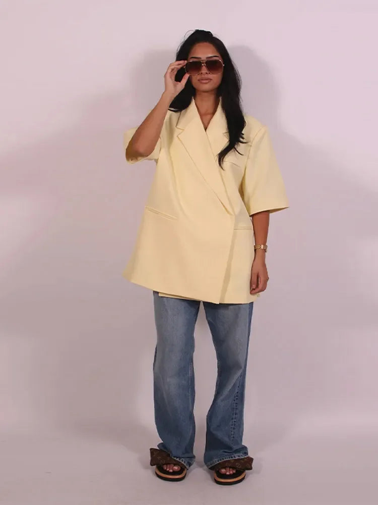Fashion Lapel Suit Jacket Women Casual Loose Short Sleeve Office Lady Coat 2025 New Chic Autumn Single Button Oversize Jacket