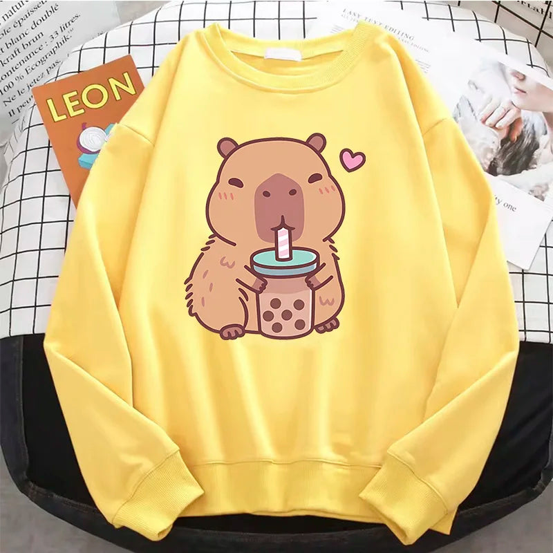 Crew Neck Capybara Hoodie O-Neck Fashion Women Cartoon Harajuku Aesthetic Graphic Hoodies Vintage Pullovers Sweatshirts