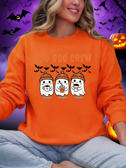 Boo Boo Crew Ghost Prints Halloween Sweatshirt Women Winter Fleece Warm Hoodies Crewneck Loose Pullovers Casual Soft Clothes
