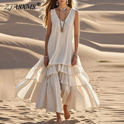 Retro Solid Cotton Linen Pleated Long Dress Woman Spring Fashion V Neck Loose Maxi Dress Summer Sleeveless Tank Boho Beach Dress