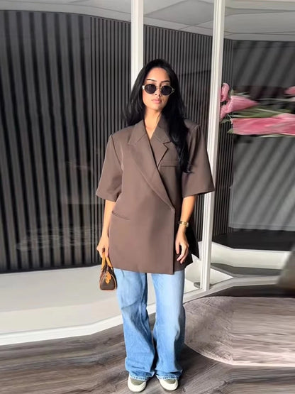 Women's Suit Jackets Loose Lapel One Button Short Sleeve Blazers 2025 Summer Elegant Lady Office Outwear Street