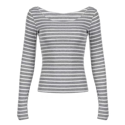 Y2K Grunge Emo 00s Vintage T-Shirt Black Grey Striped Off Shoulder Long Sleeve Jumper Top Chic Women Autumn Retro Goth Tee Shirt