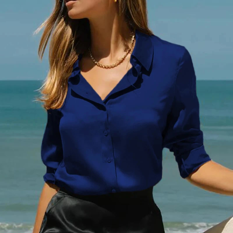Elegant Black White Shirt Women Spring Autumn Long Sleeve Silk Satin Blouses For Women Fashion Turn Down Collar Button Shirt