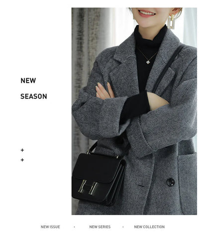 New Elegant Women Mid-length Woolen Coats Office Lady Autumn Winter Korean Loose Warm Thick Wool Blend Jackets Female Outerwear