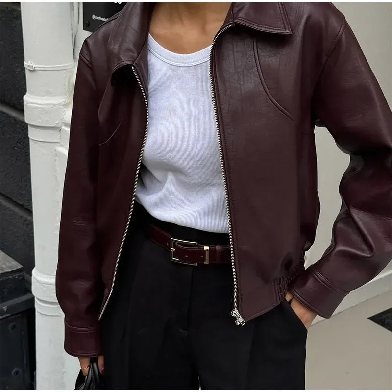 Retro Wine Red Pu Leather Short Jacket Women Chic Lapel Collar Zipper Button Loose Overcoats Autumn Ladies High Street Outerwear