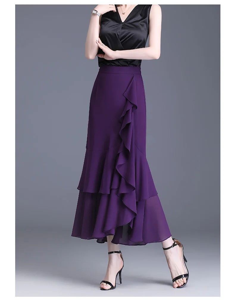 ZUZK Fashion Irregular Fishtail Chiffon Skirts Elegant High Waist Summer Luxury Party Skirt Female Ruffles Long Skirts