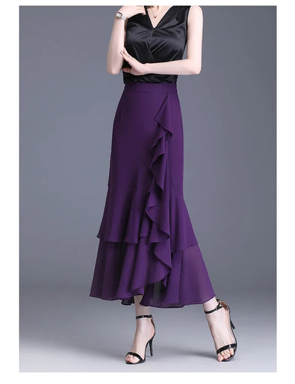 ZUZK Fashion Irregular Fishtail Chiffon Skirts Elegant High Waist Summer Luxury Party Skirt Female Ruffles Long Skirts