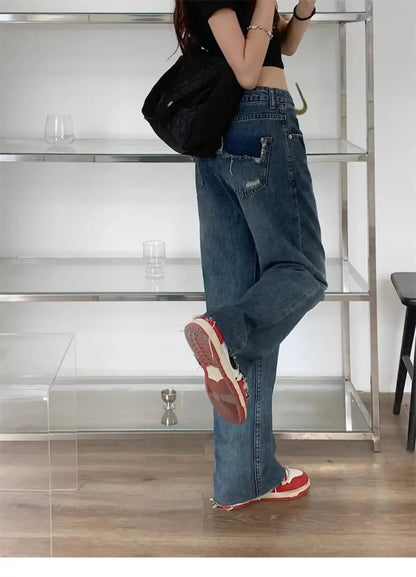 Vintage High-Waisted Wide-Leg Jeans Women's Spring New Loose-Fit Slimming Plus Size Pear-Shaped Body Straight-Leg Pants