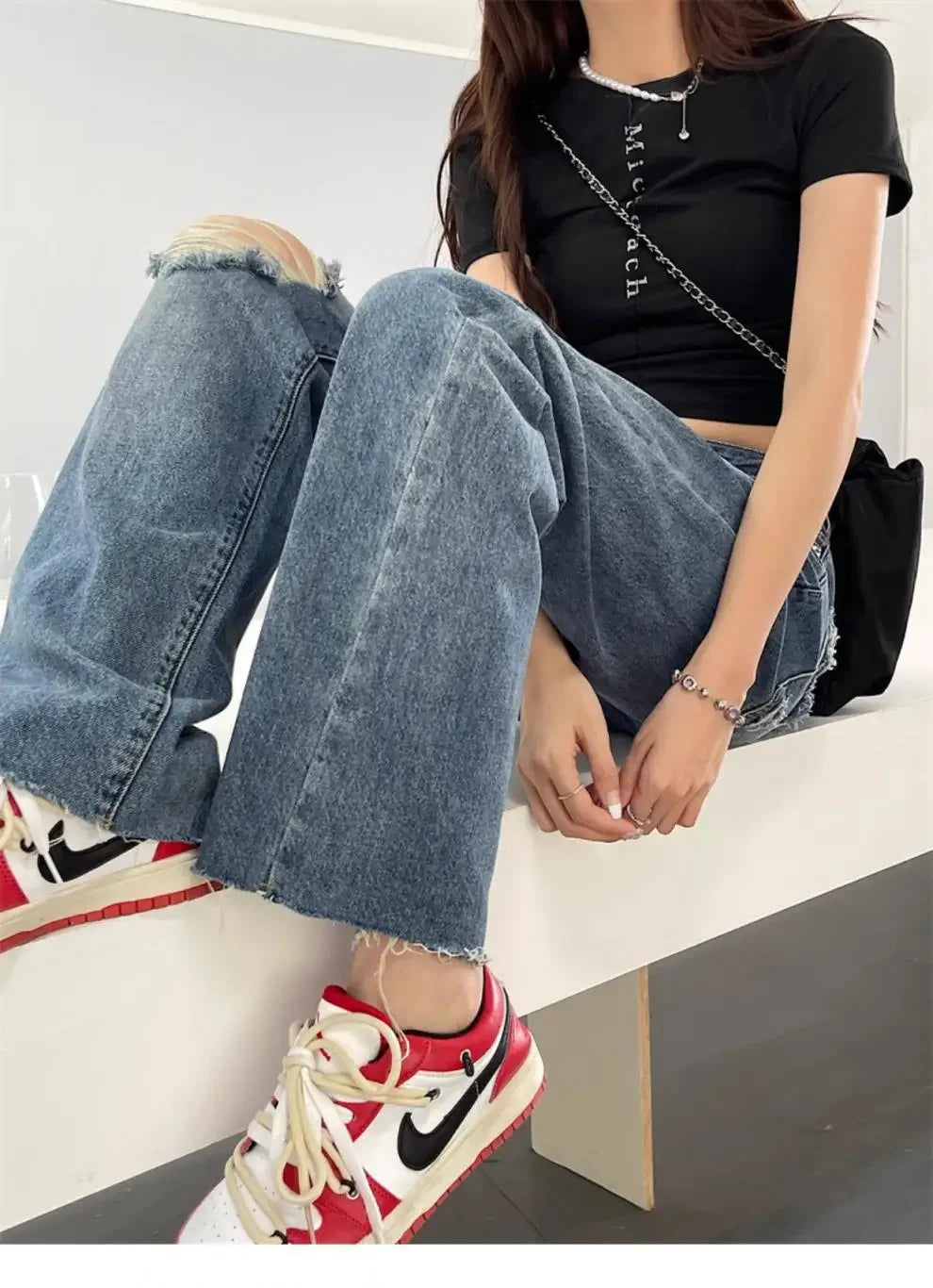 Vintage High-Waisted Wide-Leg Jeans Women's Spring New Loose-Fit Slimming Plus Size Pear-Shaped Body Straight-Leg Pants