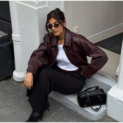 Retro Wine Red Pu Leather Short Jacket Women Chic Lapel Collar Zipper Button Loose Overcoats Autumn Ladies High Street Outerwear