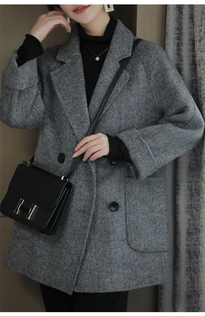 New Elegant Women Mid-length Woolen Coats Office Lady Autumn Winter Korean Loose Warm Thick Wool Blend Jackets Female Outerwear