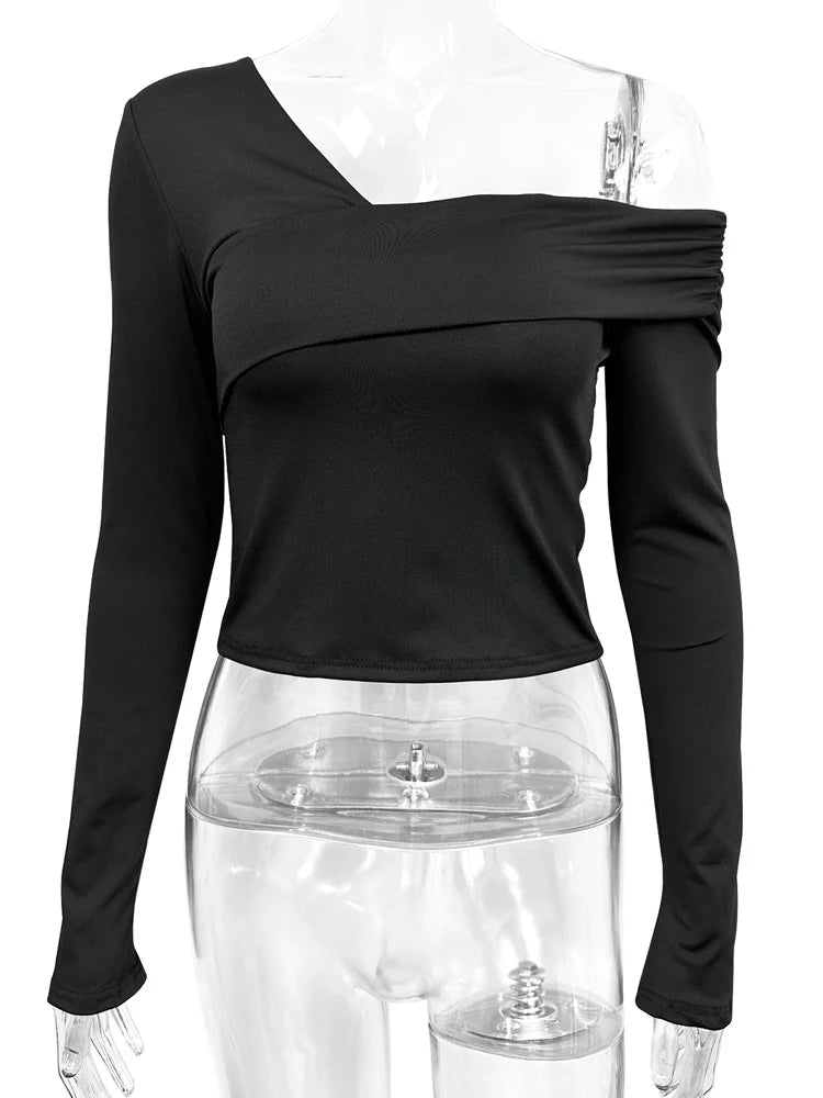 Fairyshely 2025 Spring Casual Black T-shirt Women Off Shoulder Long Sleeve Bodycon Crop Top Autumn Lady Clud Party Short Tops