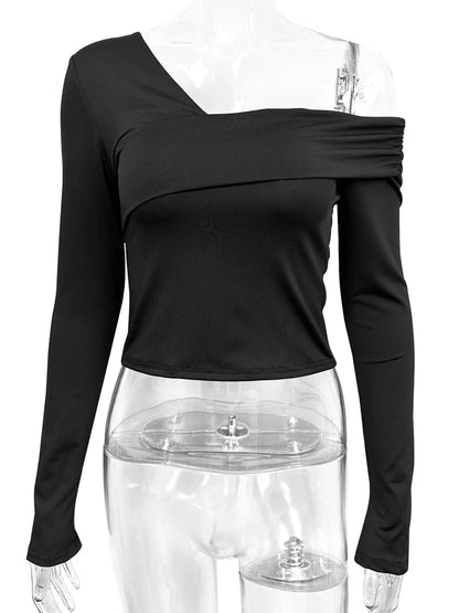 Fairyshely 2025 Spring Casual Black T-shirt Women Off Shoulder Long Sleeve Bodycon Crop Top Autumn Lady Clud Party Short Tops