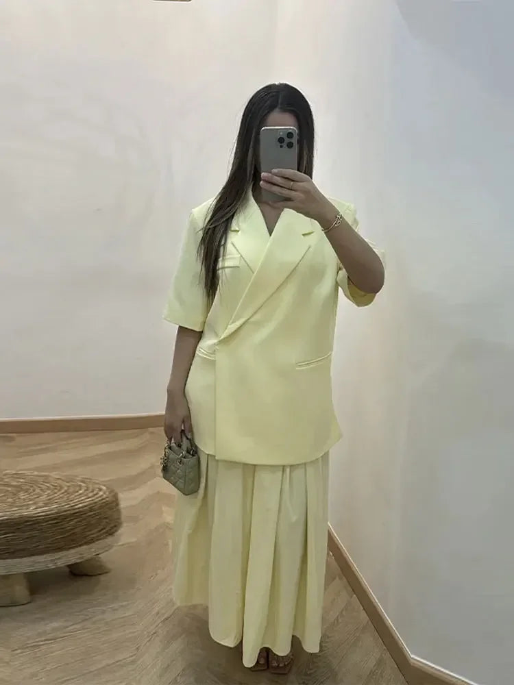 Fashion Lapel Suit Jacket Women Casual Loose Short Sleeve Office Lady Coat 2025 New Chic Autumn Single Button Oversize Jacket