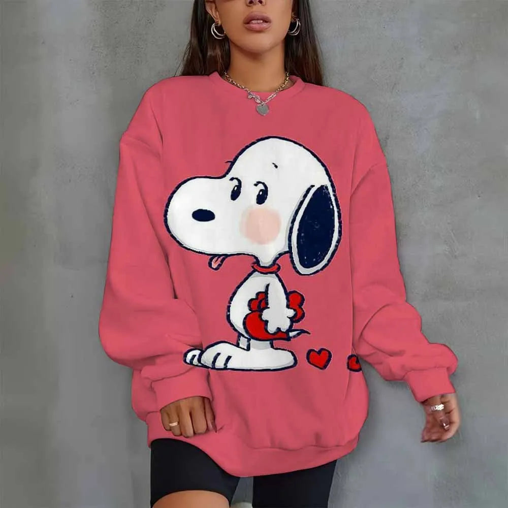 Snoopy Heart Print Crew Neck T shirt Casual Long Autumn winter top women's long sleeved Sweatshirt loose comfortable Hoodies