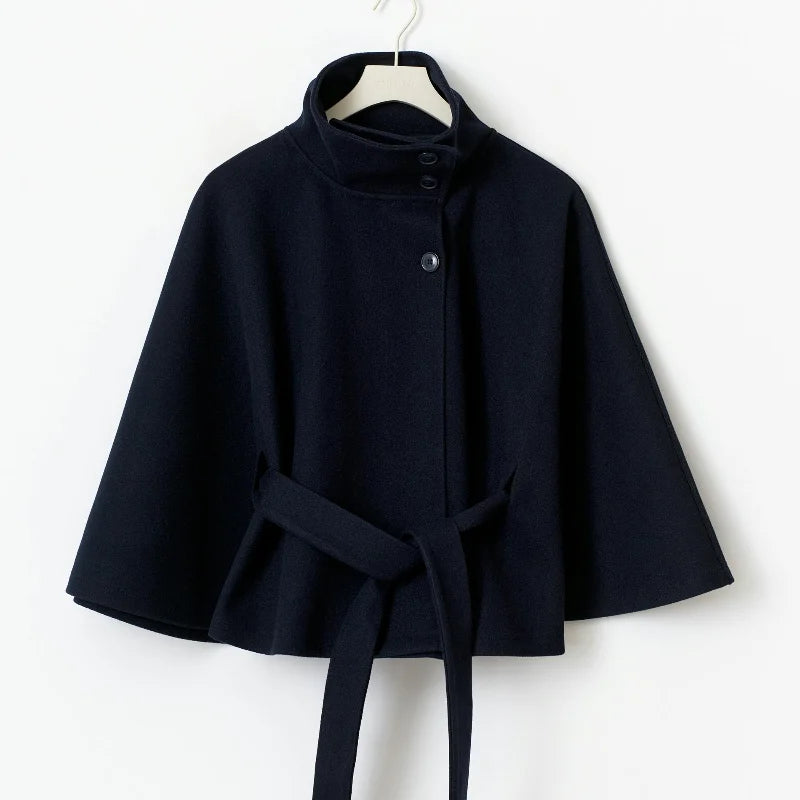 chic vintage cape jacket with belt stand neck single breasted loose coat loose flare sleeve coats early lady autumn Y2K outwears