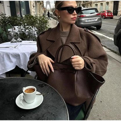 Stand Collar Women Winter Woolen Coats Single Breasted Loose Female Long Sleeve Jacket  Autumn Office Lady Street Short Coat