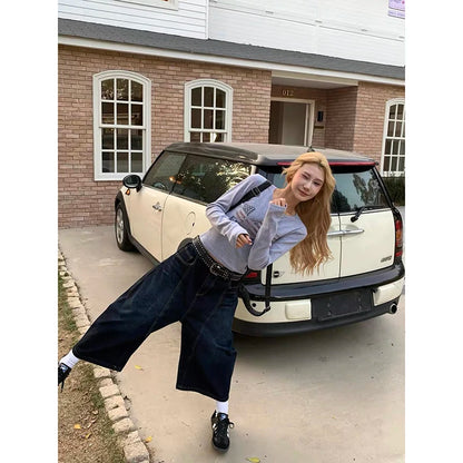 Blue Women's Retro Y2K 2000s Wide Leg Baggy Casual Denim Trouser High Waist Loose Jeans 2024 Autumn Harajuku Full Length Pants
