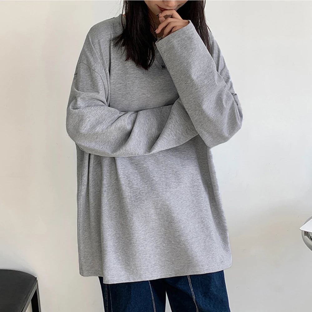Cotton Spring New Long sleeve T-Shirt Women Basic Tee Shirt Oversize T Shirt Women Casual O-neck Women Tshirt US size