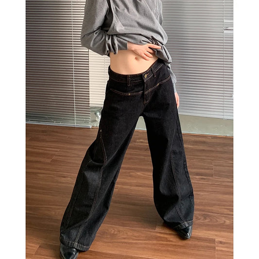 2024 Blue Women Jeans High Waist Vintage Straight Baggy Denim Pants Streetwear Y2K American Style Fashion Wide Leg Denim Trouser