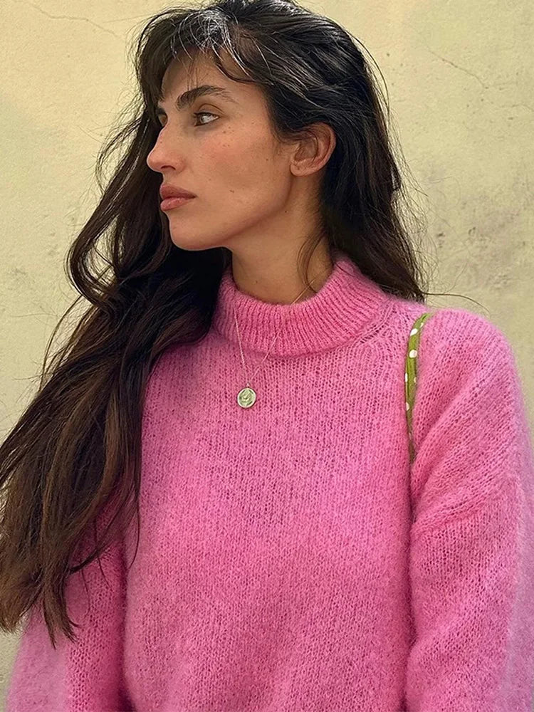 Fluffy Mohair Crew Neck Slouchy Sweater Soft Textured Loose Fit 2025 Autumn Cozy Chic Women Knit Top Casual Sweet Lady Jumper