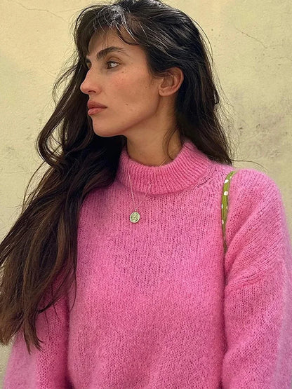 Fluffy Mohair Crew Neck Slouchy Sweater Soft Textured Loose Fit 2025 Autumn Cozy Chic Women Knit Top Casual Sweet Lady Jumper