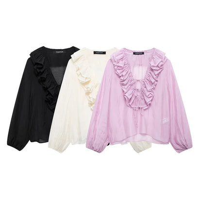 MUJER 2025 Ruffle Blouses for Women Semi Sheer Casual Blouse Woman Pleated Summer Shirts and Blouses Women Long Sleeve Women Top
