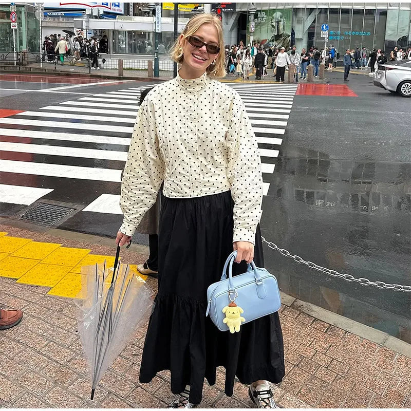 Polka Dot Print Round Neck Short Coats Women's High Street Blazer Long Sleeve Jackets 2025 Elegant Office Ladies Suit Outerwear