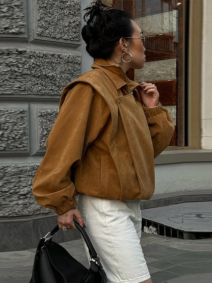 Locomotive Lapel Suede Jacket Women Lantern Long Sleeve Loose Fitting Patchwork Pilot Coats New Early Autumn Cool Girl Outerwear