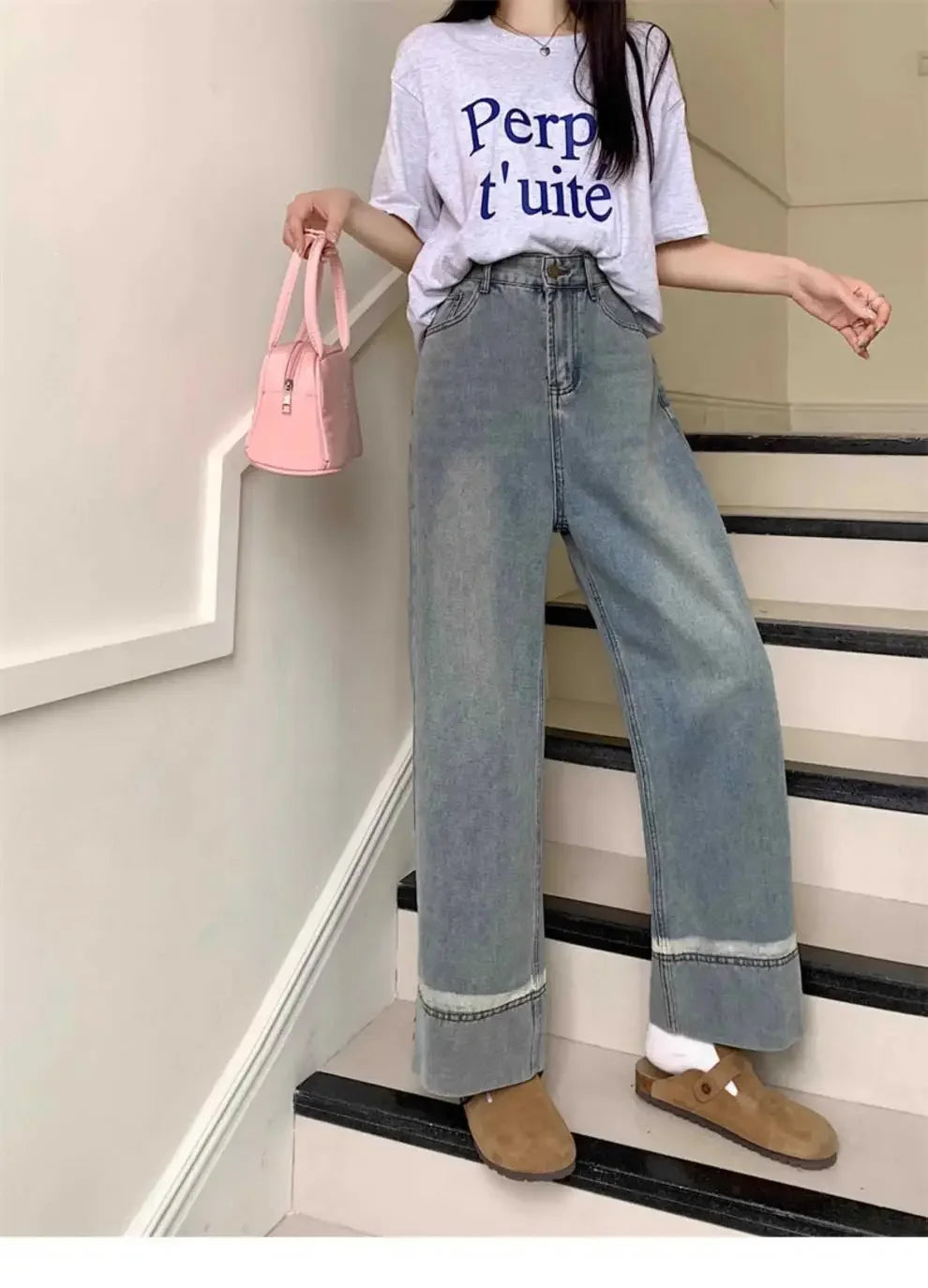 High Waist Straight Leg Jeans Women's plus Size Body Slimming Nine Points Wide Leg Pants Fat Sister MM Fashionable Clothing