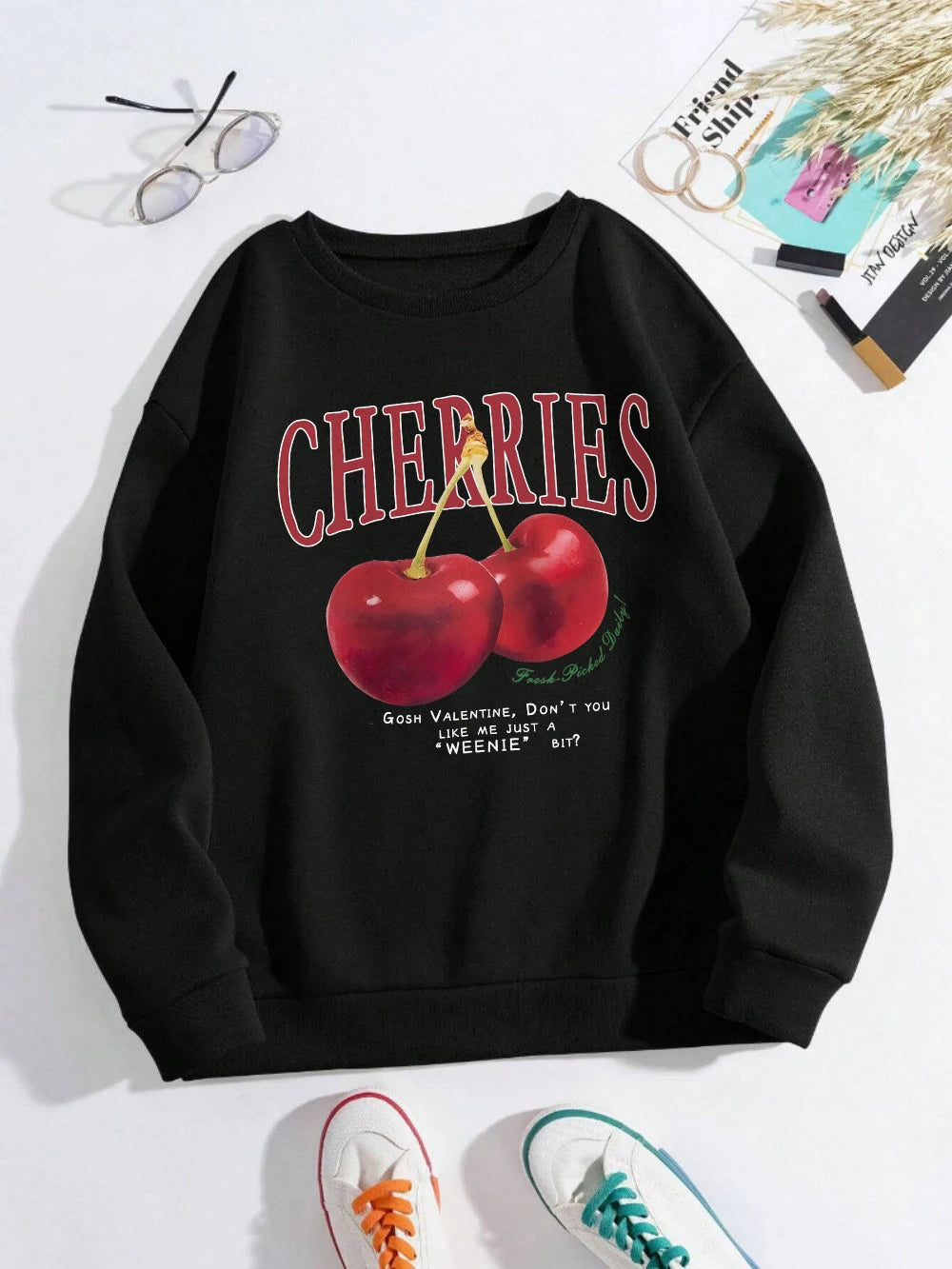 Fashion Women's Sweatshirts Bright Red Cherry Print Pullover Crew Neck Soft Breathable Hoodie Autumn Women Streetwear Graphic