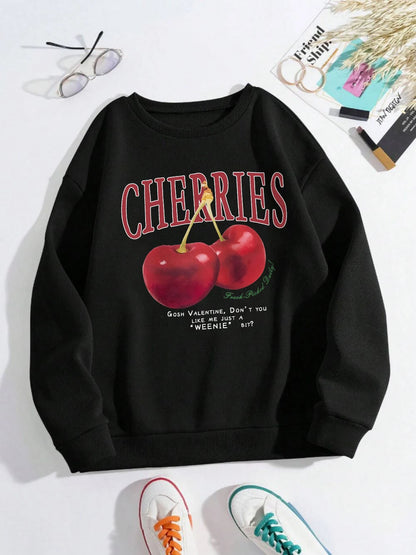 Fashion Women's Sweatshirts Bright Red Cherry Print Pullover Crew Neck Soft Breathable Hoodie Autumn Women Streetwear Graphic