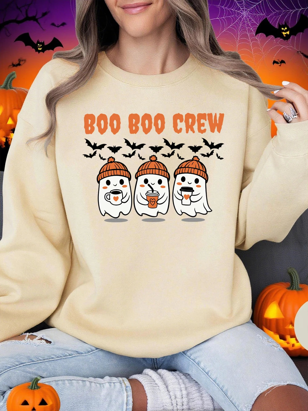 Boo Boo Crew Ghost Prints Halloween Sweatshirt Women Winter Fleece Warm Hoodies Crewneck Loose Pullovers Casual Soft Clothes