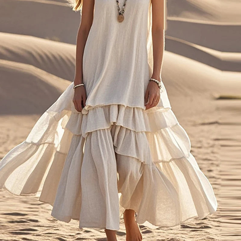 Retro Solid Cotton Linen Pleated Long Dress Woman Spring Fashion V Neck Loose Maxi Dress Summer Sleeveless Tank Boho Beach Dress