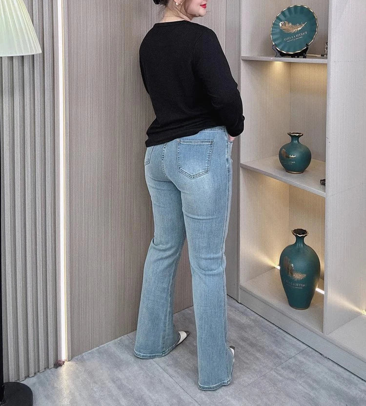Plus Size Women's High Waisted Slim Flared Jeans 2025 Spring Stretch Denim Pants Curvy Premium Slimming & Lengthening Design