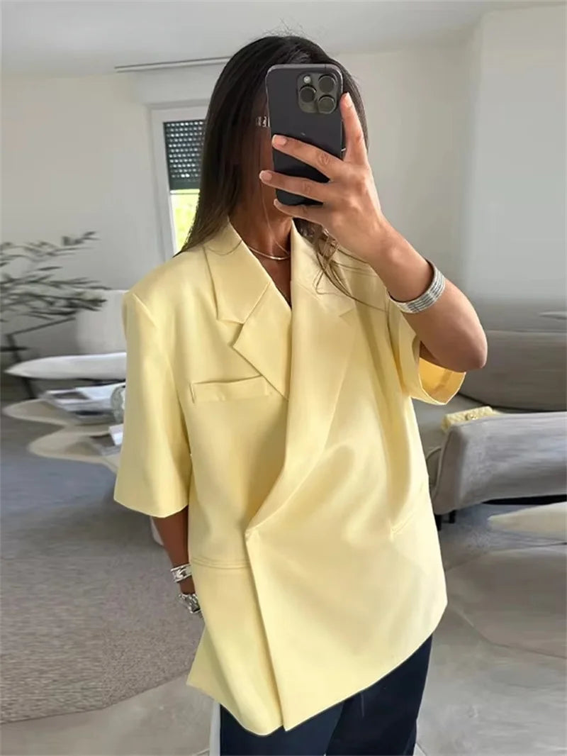 Women's Suit Jackets Loose Lapel One Button Short Sleeve Blazers 2025 Summer Elegant Lady Office Outwear Street