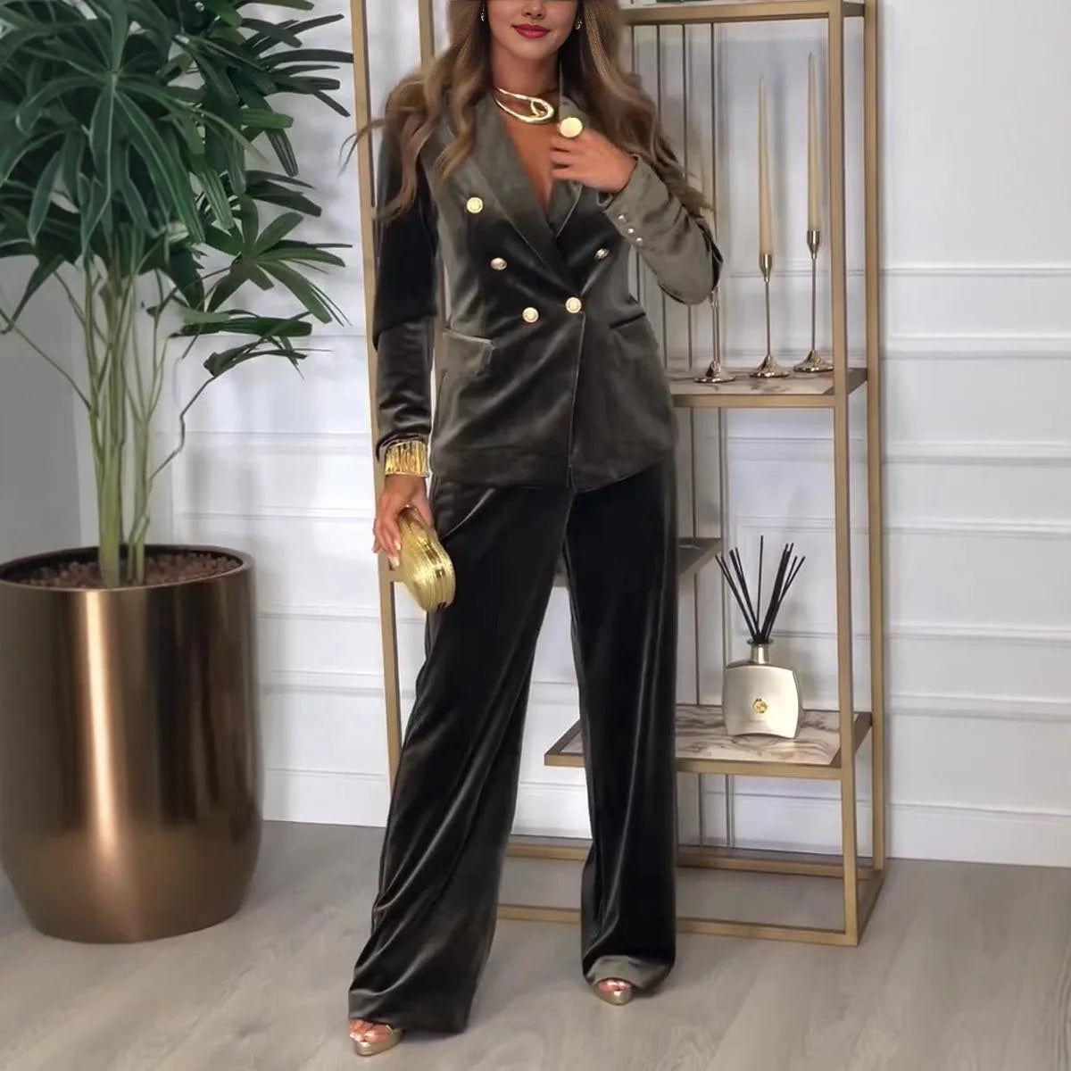2025 Autumn Velvet Two Piece Sets Women Pant Set Suits Blazer Notched Collar Full Sleeve Double Breasted Coats+Long Pants