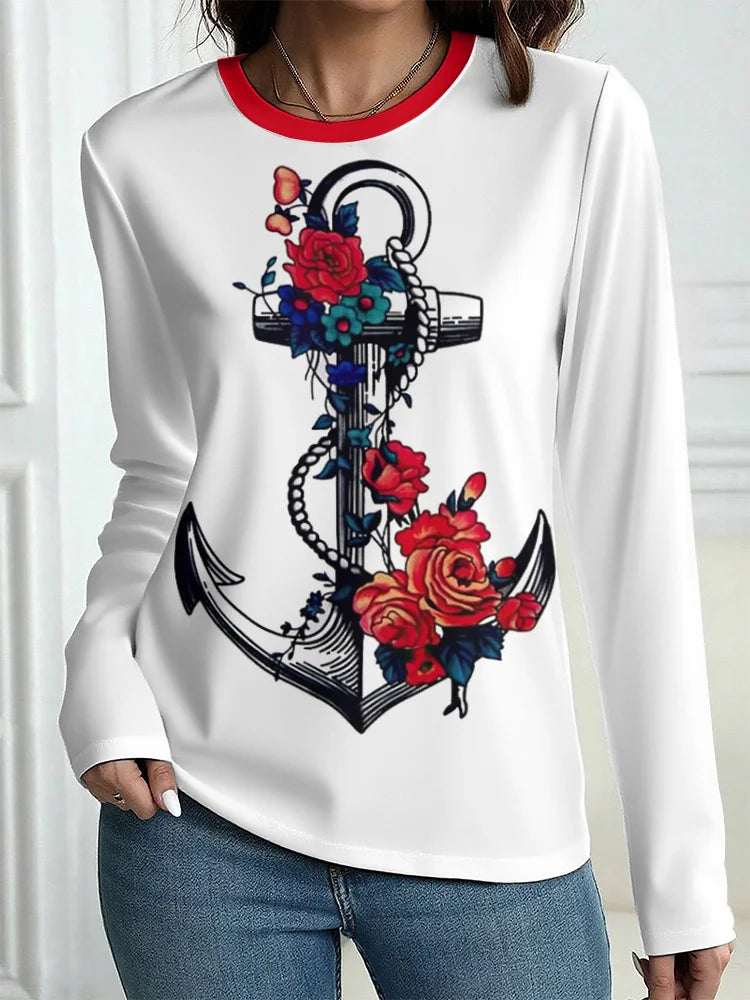 Women's T-Shirt Outdoor Casual Long Sleeve Pattern Print Street Crew Neck Fall Female Oversized Clothing Fashion T Shirts