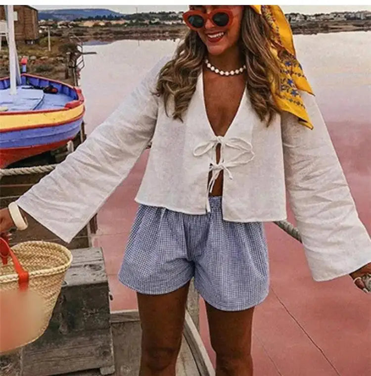 ALOBEE Loose Lace Up Bow Shirt Women Elegant V Neck Long Flare Sleeve Lady 2024 New Spring Summer Simple High Street Female Tops