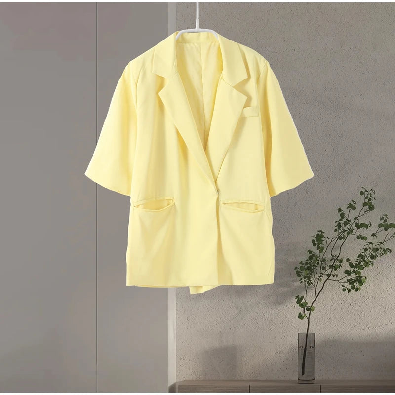 Fashion Lapel Suit Jacket Women Casual Loose Short Sleeve Office Lady Coat 2025 New Chic Autumn Single Button Oversize Jacket