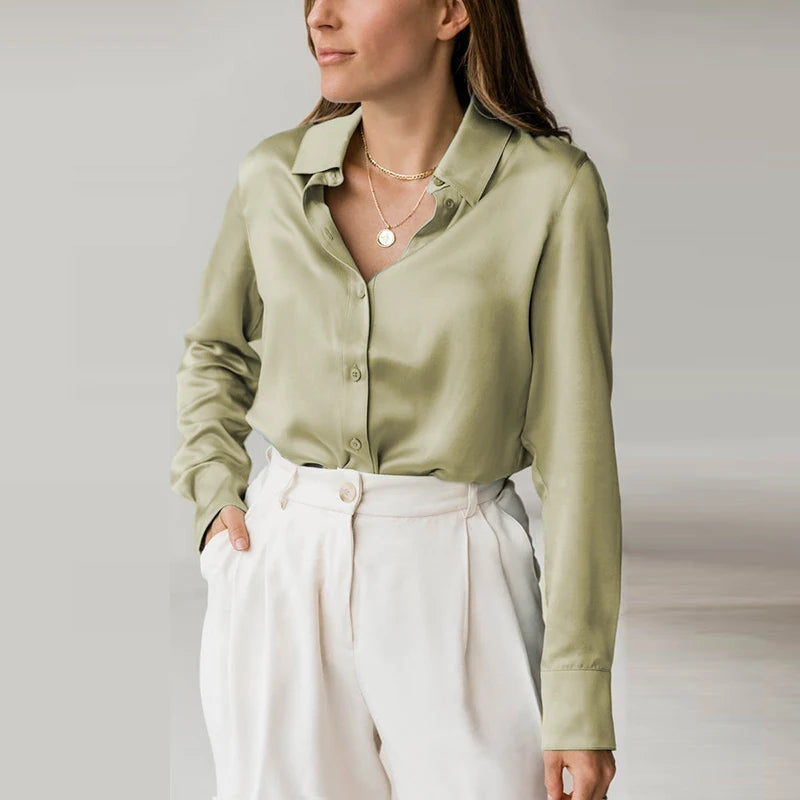 Elegant Black White Shirt Women Spring Autumn Long Sleeve Silk Satin Blouses For Women Fashion Turn Down Collar Button Shirt